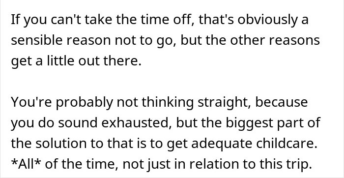 Screenshot of text discussing a dad wondering if he&rsquo;s a jerk for not wanting to join his wife&rsquo;s work trip with the kids.