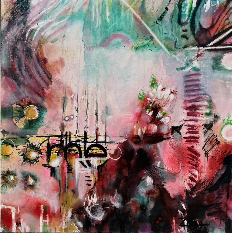 "Dahlia In The Sage" A 36x36-Inch Oil And Mixed Media Painting On Canvas By Theresa Zingg. Check It Out At Www.theresazingg.com