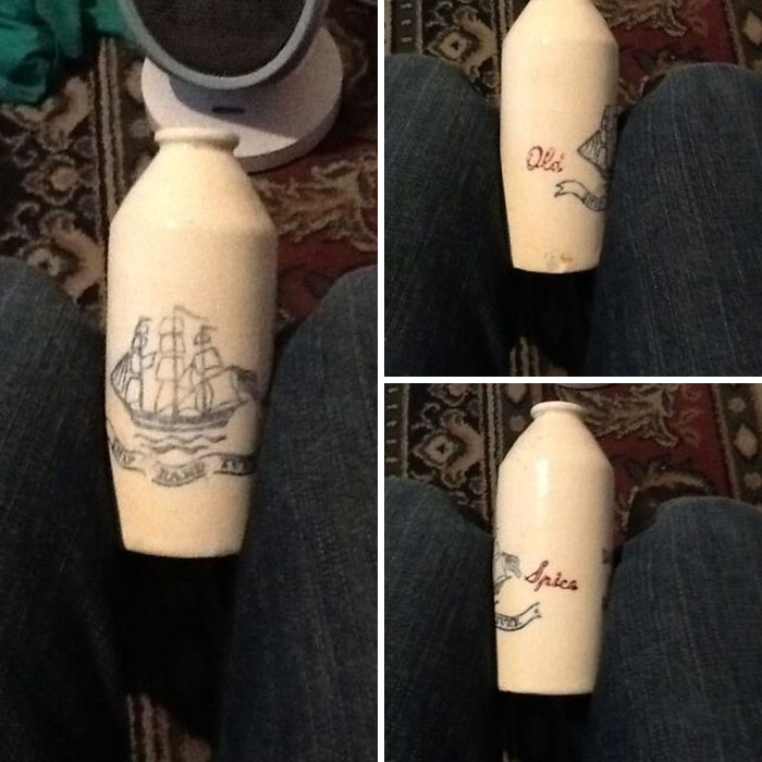 Vintage ceramic bottle with ship illustration, showcasing how things used to look in classic design and style.