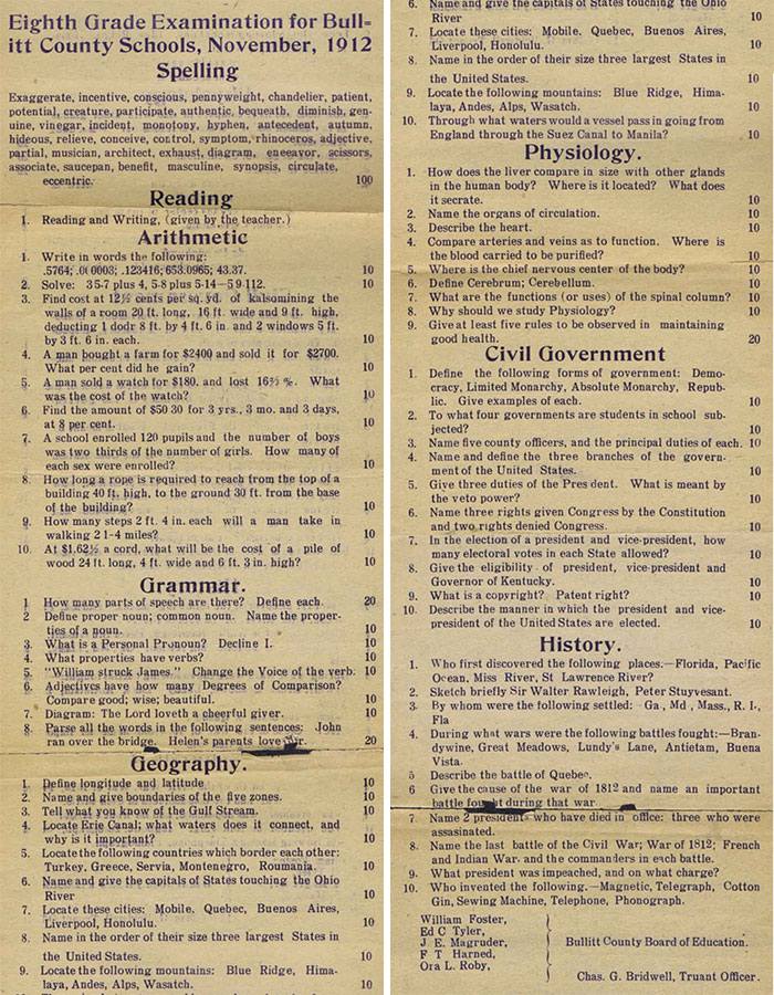 Old eighth grade exam paper from 1912 displaying spelling, reading, arithmetic, and history questions illustrating how things used to look.