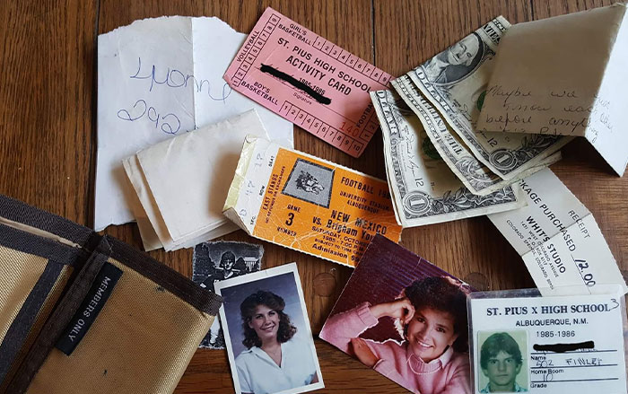 Old memorabilia including school IDs, vintage tickets, handwritten notes, and dollar bills showcasing how things used to look.