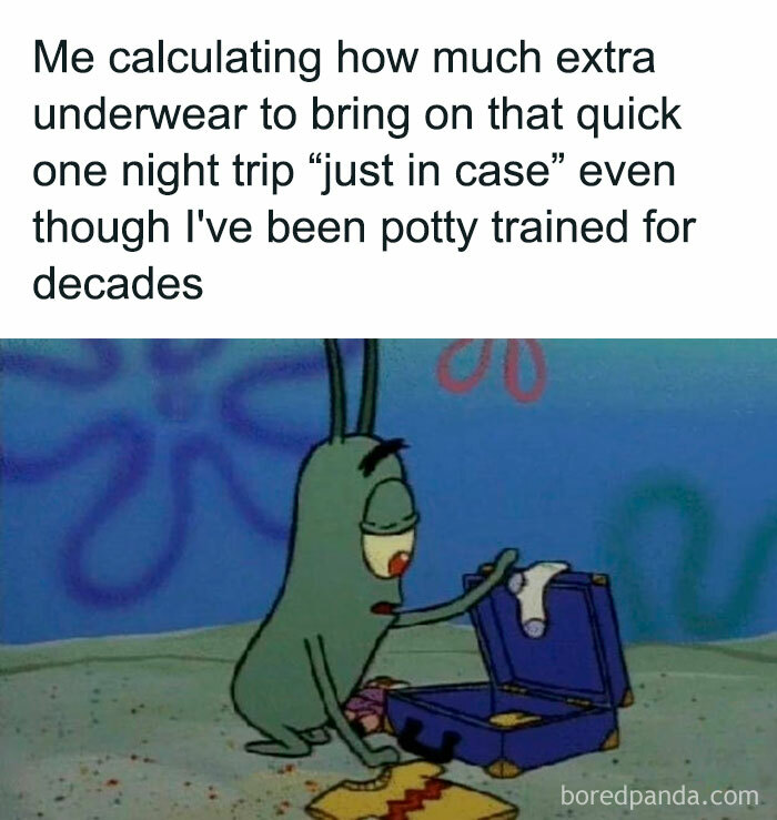 Cartoon character carefully packing extra underwear for a trip, humorously capturing human experience memes.