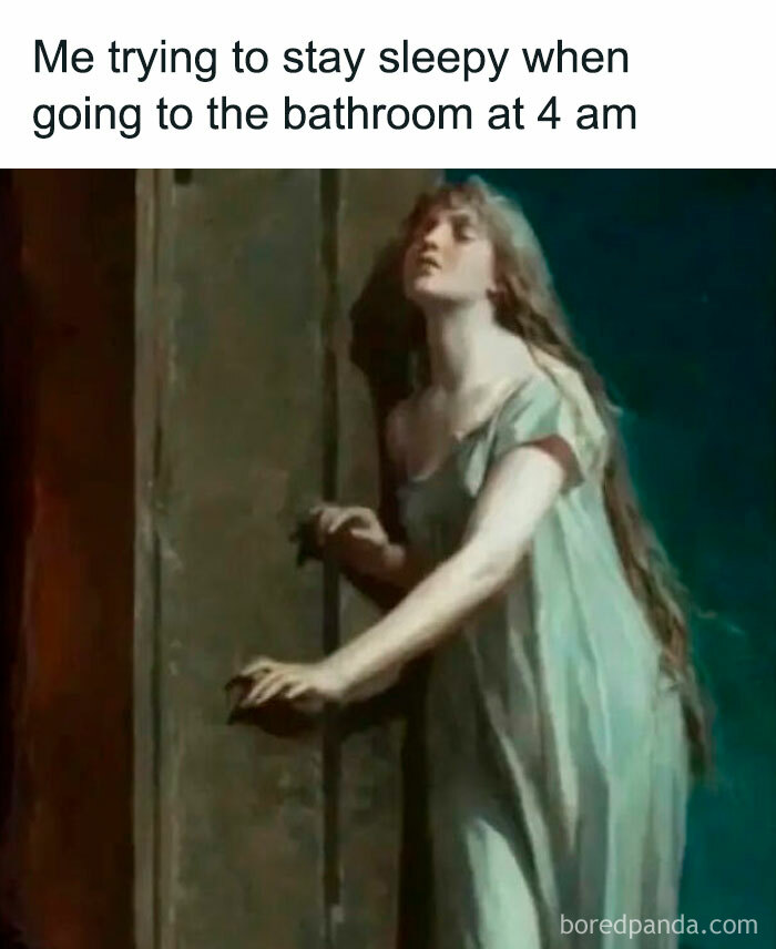 Woman in a nightgown trying to stay sleepy while opening a door meme illustrating human experience moments.