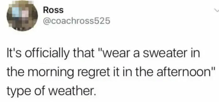 Tweet from Ross about weather that captures a common human experience with changing temperatures and wardrobe regrets.