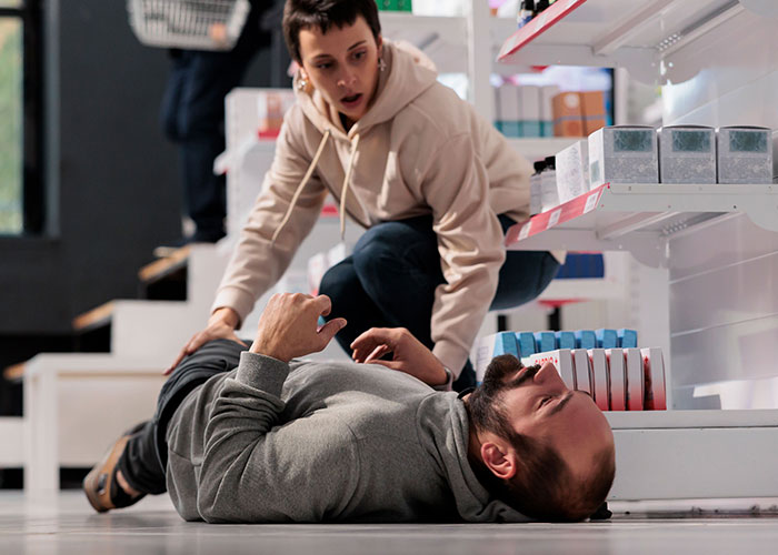 A woman helping an unconscious man on the floor in a store, illustrating emergency personnel response and first aid.