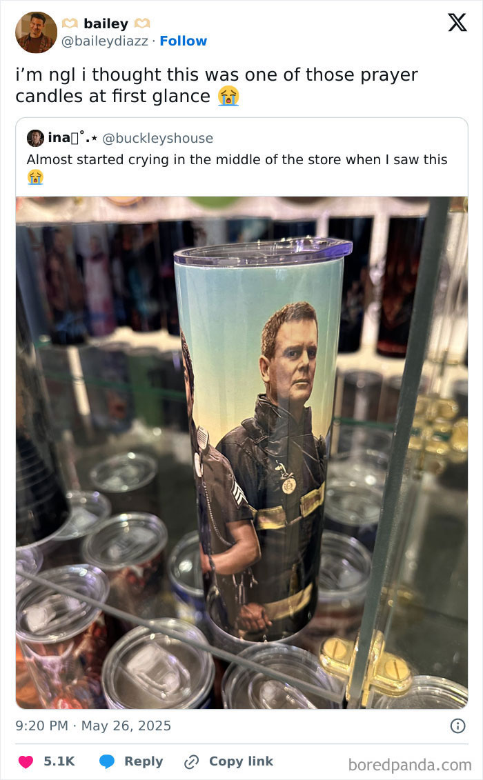 A tumbler with a firefighter image that looks like a prayer candle, an interesting thing requiring a double take.