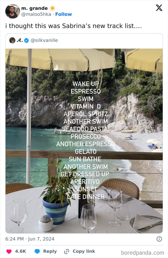 Table set for a meal overlooks a beach with umbrellas, trees, and water in interesting things requiring a double take.