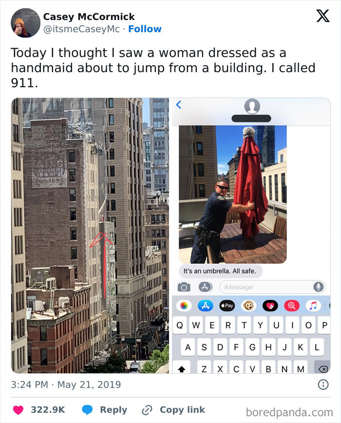 Misty city view tricks observer into fearing a handmaid figure, later revealed as a closed red umbrella by police.