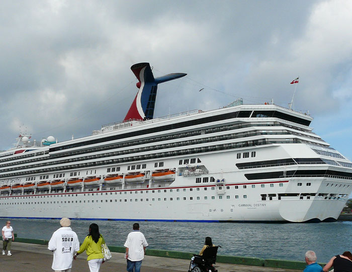 Large cruise ship docked at port with people nearby, illustrating experiences that made people say never doing that again.