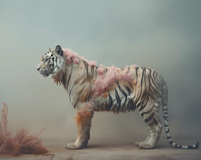 Tiger with pink cotton-like material on its body, creating a beautiful but unsettling vision of the natural world.