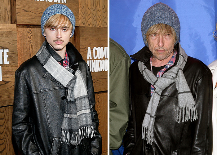 Two celebs wearing matching leather jackets, gray scarves, and knitted beanies showcasing iconic fashion reboots side by side.