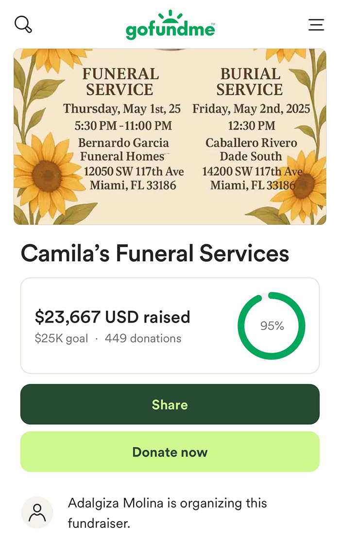 GoFundMe page showing fundraiser for Camila&rsquo;s funeral services with donation progress and details.