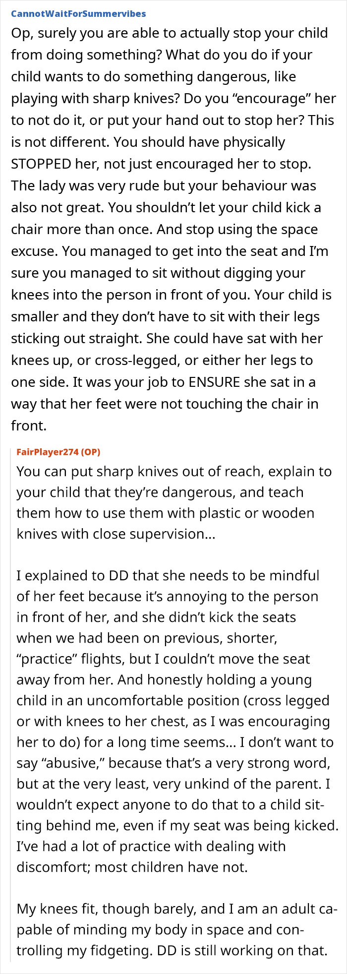 Screenshot of a detailed online discussion where a mom defends her toddler mid-flight amid complaints about fidgeting. Screenshot of a detailed online discussion where a mom defends her toddler mid-flight amid complaints about fidgeting.