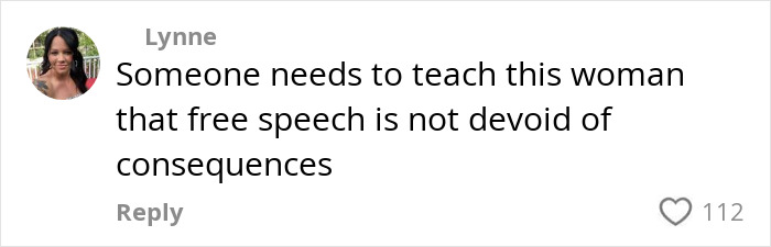 Comment from Lynne stating free speech has consequences, related to trad-wife influencer defending white mom fundraiser controversy. Comment from Lynne stating free speech has consequences, related to trad-wife influencer defending white mom fundraiser controversy.