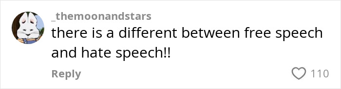 Comment on social media post discussing free speech versus hate speech in context of trad-wife influencer defense. Comment on social media post discussing free speech versus hate speech in context of trad-wife influencer defense.