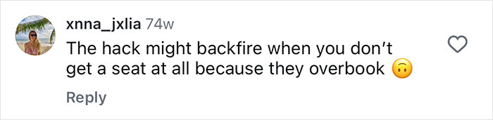Social media comment warning about timing risks when trying to get the best plane seat from a travel expert’s tip. Social media comment warning about timing risks when trying to get the best plane seat from a travel expert’s tip.