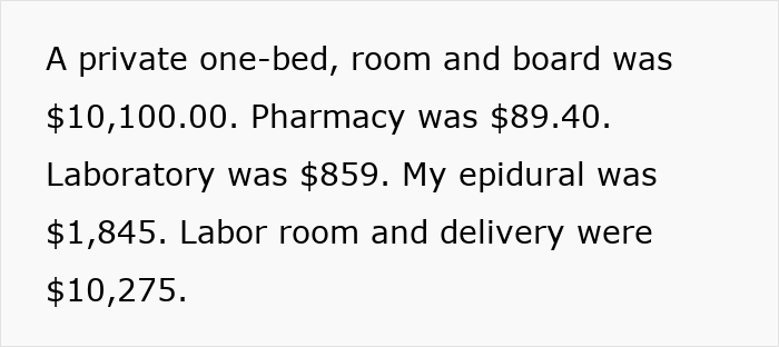 Costs of giving birth in the US including private room, pharmacy, laboratory, epidural, and delivery fees detailed by new mom.
