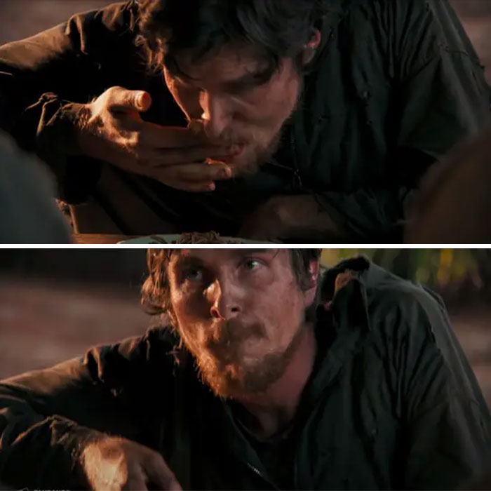 Actor drinking from his hand in a dark scene, illustrating horrifying behind-the-scenes facts from movies and TV.