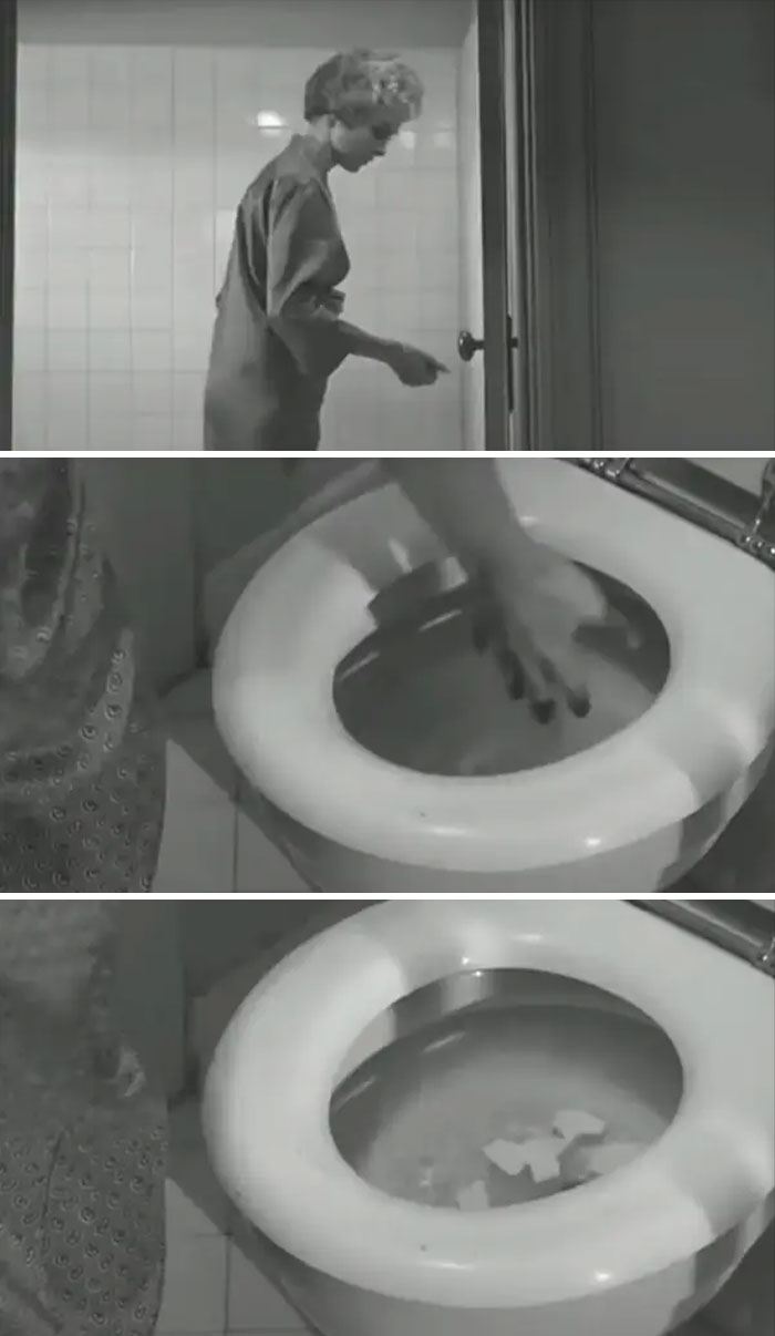 Black and white behind-the-scenes stills showing a woman and a toilet used in movies and TV horror scenes.