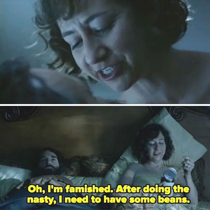 Scene from a movie showing behind the scenes moments with actors in bed, highlighting horrifying facts from movies and TV.