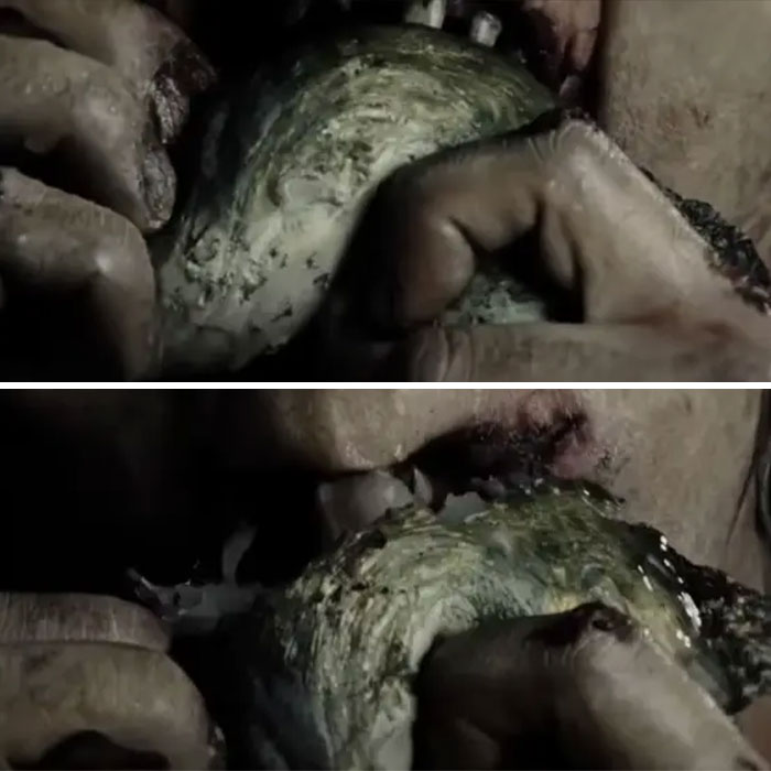 Close-up of a dirty hand holding a slimy object, illustrating horrifying behind-the-scenes movie facts with distress.