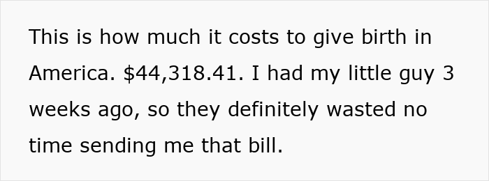 Text showing the high cost of giving birth in the US at over $44,000, highlighting expensive childbirth bills for new moms.