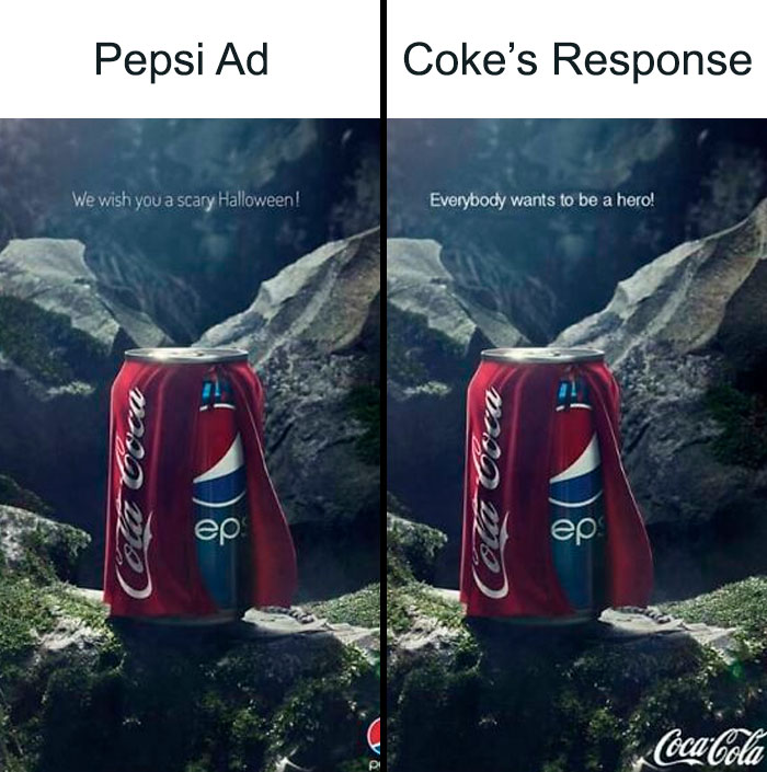 Pepsi can dressed as Coke with a cape in a humorous ad battle, showing main characters in hilarious situations.