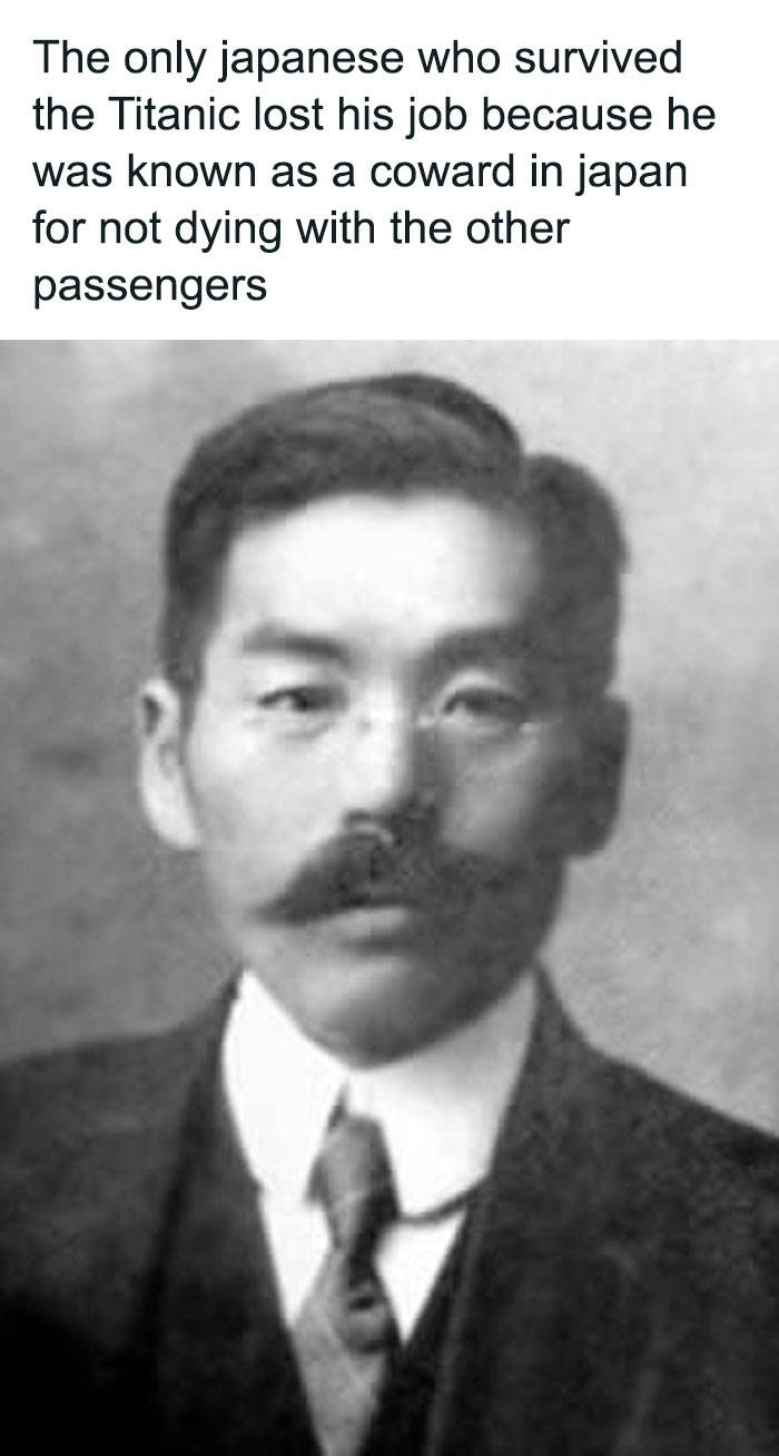 Black and white photo of the only Japanese Titanic survivor, known for a hilarious and worst main character moment.