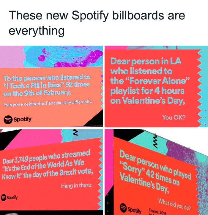 Spotify billboards humorously call out listeners, showcasing main characters in hilarious and awkward ways.