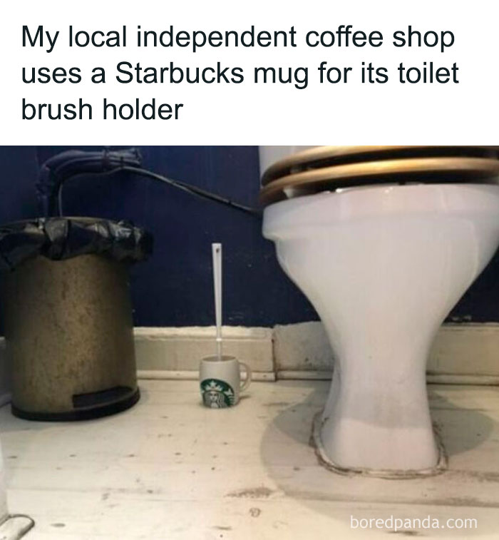 Independent coffee shop using a Starbucks mug creatively as a toilet brush holder, showcasing hilarious main character moments.