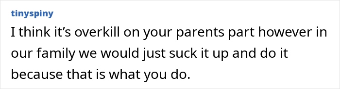 Comment discussing family responsibilities when checking on elderly parents, highlighting refusal and perceived overkill. Comment discussing family responsibilities when checking on elderly parents, highlighting refusal and perceived overkill.