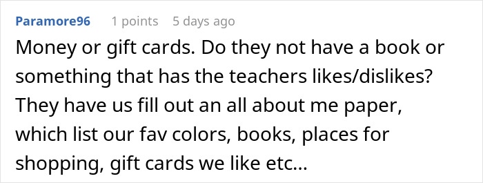 Comment about teacher appreciation week gifts, mentioning gift cards, favorite colors, books, and shopping preferences.