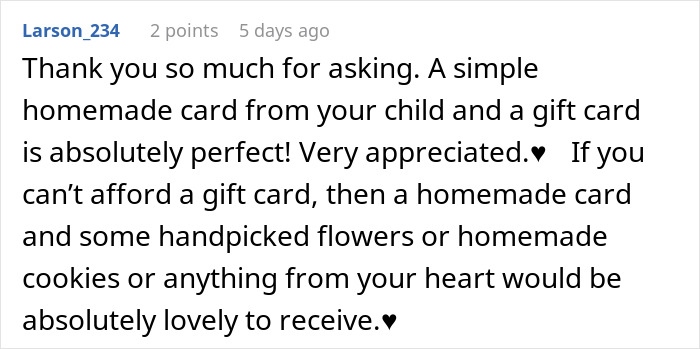 Comment about teacher appreciation week gifts suggesting homemade cards, gift cards, flowers, and cookies as thoughtful offers.