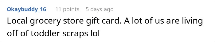 Comment about a local grocery store gift card mentioning living off toddler scraps, related to Teacher Appreciation Week deals and offers.