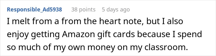 User comment about appreciating teachers and enjoying Amazon gift cards for classroom expenses during Teacher Appreciation Week.