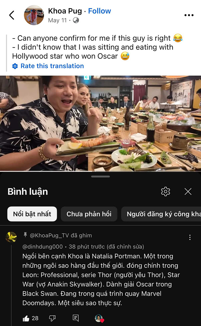 Vlogger sitting at a restaurant table holding a plate with seafood, unaware he is next to an A-list star.