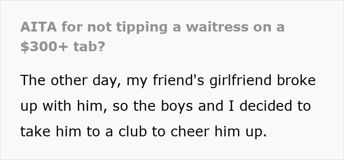 Text discussing a situation about not tipping a waitress on a 300 dollar plus tab while socializing with friends. Text discussing a situation about not tipping a waitress on a 300 dollar plus tab while socializing with friends.
