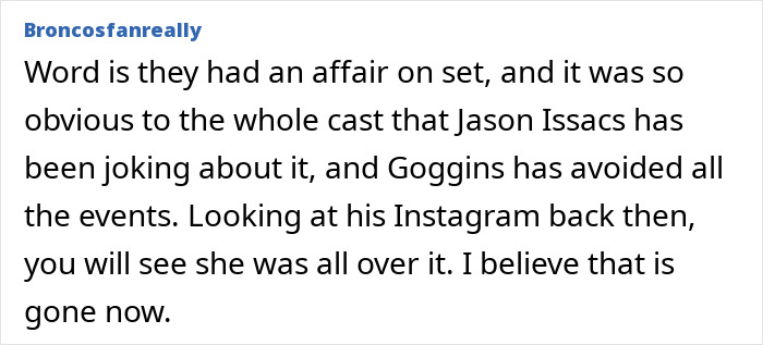 Comment excerpt discussing Walton Goggins avoiding feud questions with Aimee Lou Wood during an interview.
