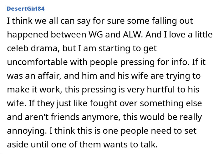 Comment discussing Walton Goggins and Aimee Lou Wood feud questions causing discomfort over pressing for details.