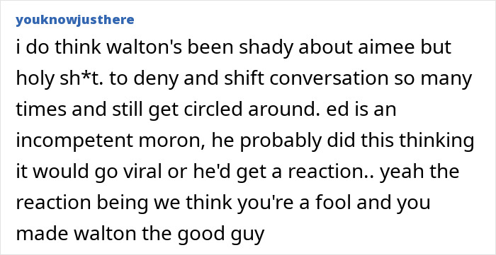 Text post discussing Walton Goggins and Aimee Lou Wood feud questions in a heated and controversial tone.