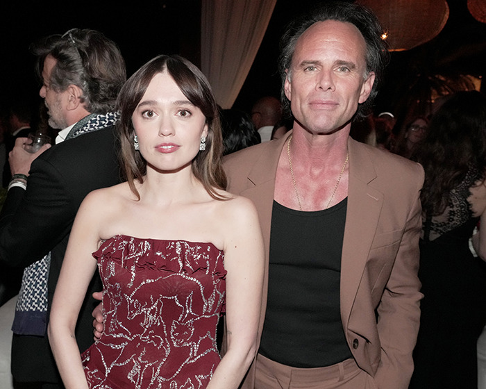Walton Goggins and Aimee Lou Wood at a formal event, highlighting Walton Goggins off the rails over feud questions.