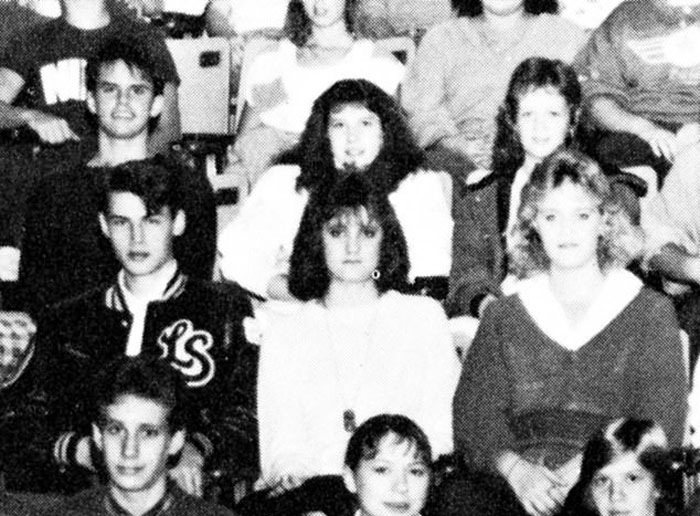 Black and white yearbook photo featuring Walton Goggins and classmates posing in multiple rows.