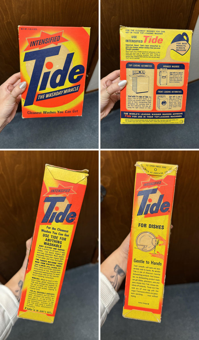 Vintage Tide detergent box held in hand, an unusual find among bizarre things found in old houses.
