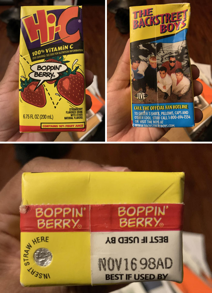 Vintage Hi-C Boppin' Berry juice box featuring The Backstreet Boys, a bizarre find in old houses collection.