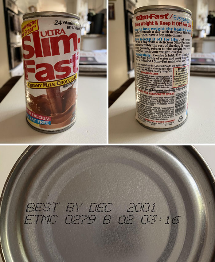 Old Slim Fast creamy milk chocolate can with a best by date from 2001, one of the bizarre things found in old houses.