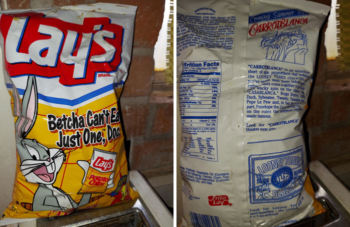 Vintage Lay's bag featuring Bugs Bunny, shown in an old house, linked to first prize string beans mystery.