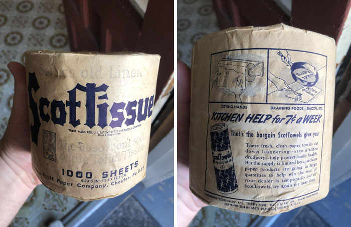 Vintage ScotTissue roll held in hand, a bizarre thing found in old houses puzzling collectors and history enthusiasts