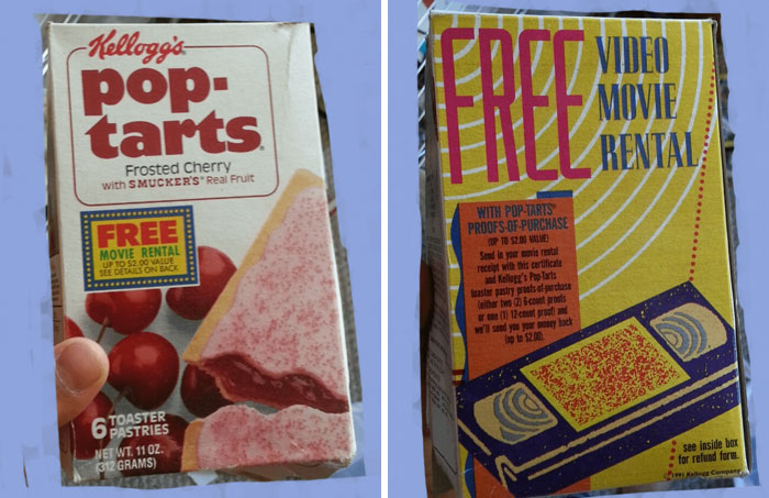 Vintage Kellogg's Pop-Tarts box offering free video movie rental, a strange find linked to first prize string beans mystery.