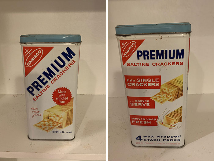 Vintage Nabisco Premium saltine crackers tin, an unusual and bizarre item found in old houses.