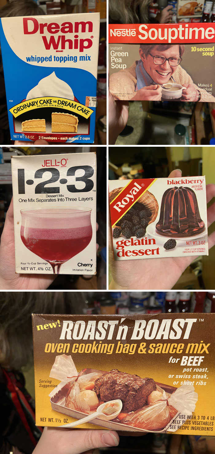 Vintage packaged food items including Dream Whip, Nestlé Souptime, Jell-O dessert mix, Royal gelatin dessert, and Roast'n Toast oven cooking bag.